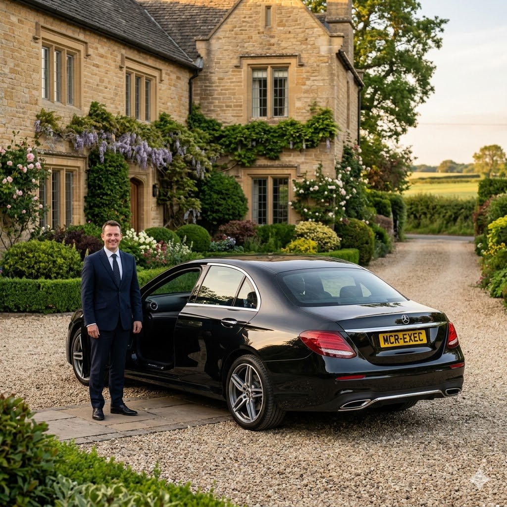 Black Mercedes E-Class by MCR EXEC outside an elegant Cheshire village setting for Mobberley Chauffeur Service, with a professional chauffeur beside the vehicle in a refined semi-rural location.
