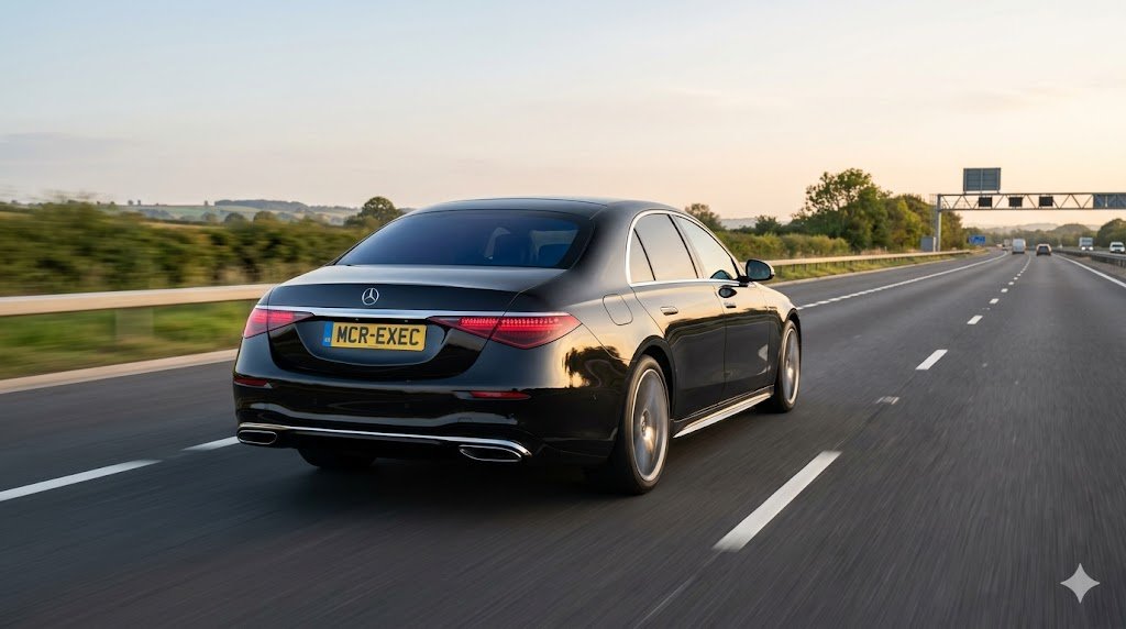 MCR EXEC Mercedes S-Class for Winsford Chauffeur Service, showing motorway chauffeur travel and executive long-distance road transport