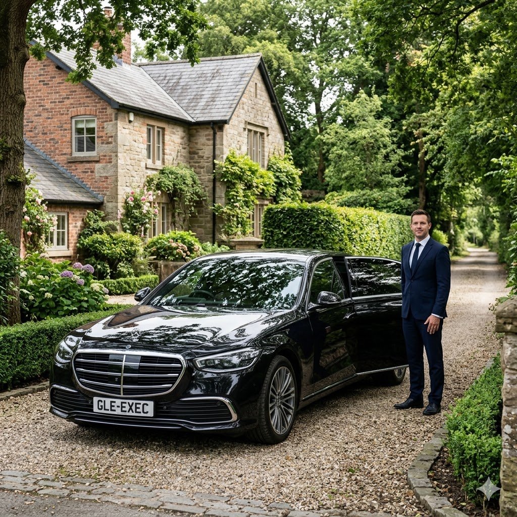 Black Mercedes S-Class by MCR EXEC in an affluent Mottram St Andrew Cheshire setting for Mottram St Andrew Chauffeur Service, with a professional chauffeur standing beside the vehicle near an elegant village residence.
