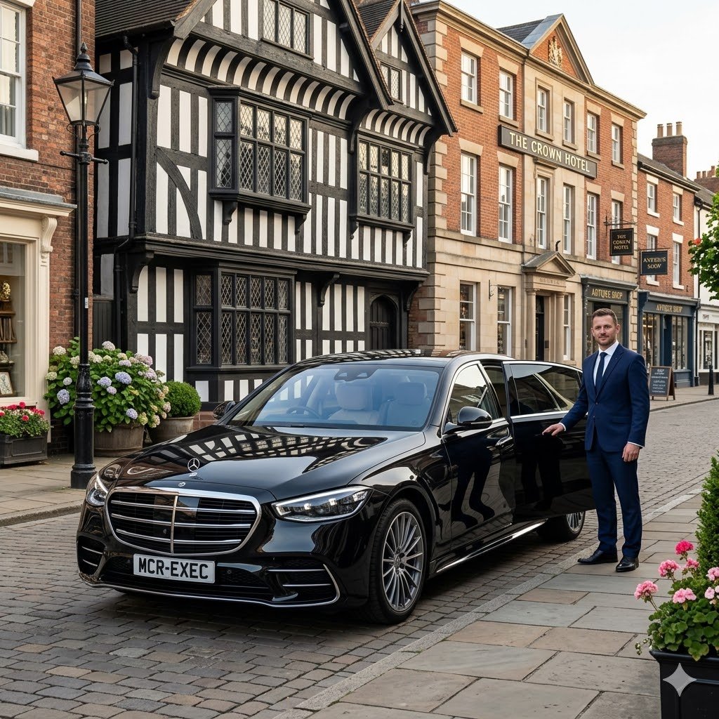 Black Mercedes S-Class by MCR EXEC in an elegant Nantwich Cheshire setting for Nantwich Chauffeur Service, with a professional chauffeur standing beside the vehicle in a refined historic town scene.