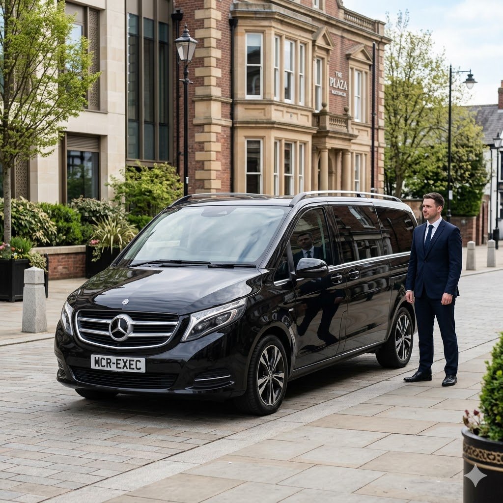 Black Mercedes V-Class by MCR EXEC in a refined Northwich Cheshire setting for Northwich Chauffeur Service, with a professional chauffeur standing beside the vehicle in a polished town-centre scene.