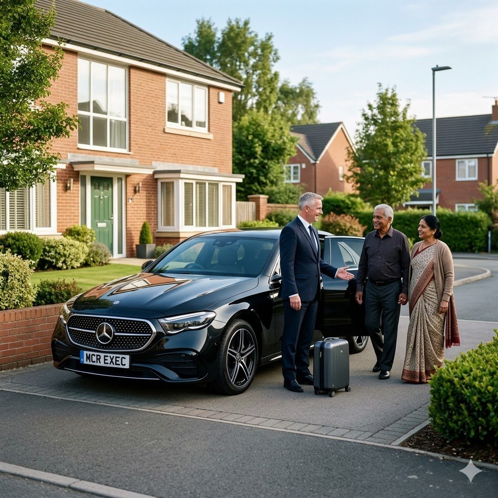 Mercedes E-Class chauffeur in Orrell greeting an older couple outside a home before a private long-distance transfer.