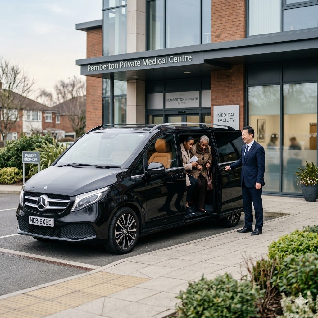 Discreet chauffeur service in Pemberton with a Mercedes V-Class assisting a passenger outside a private clinic.