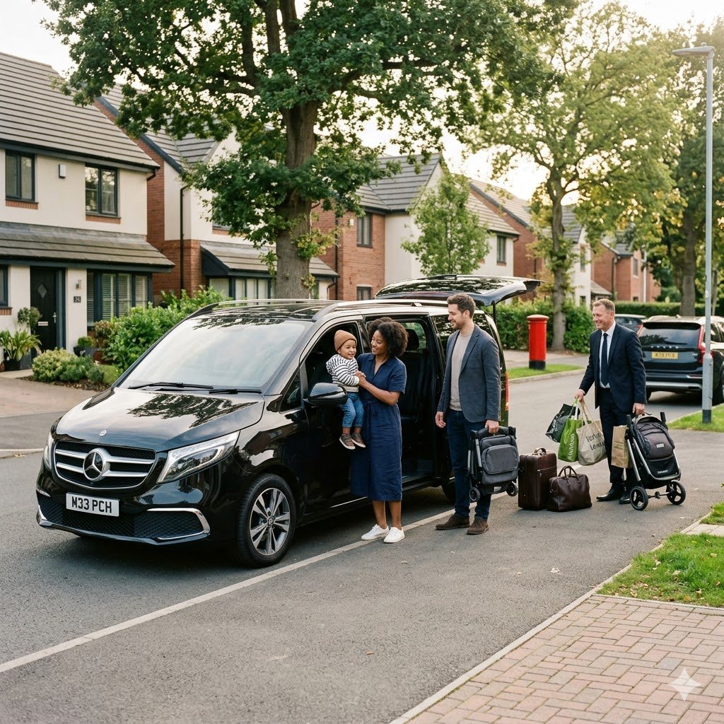 Mercedes V-Class unloading scene in Pendlebury for chauffeur service with young family and child