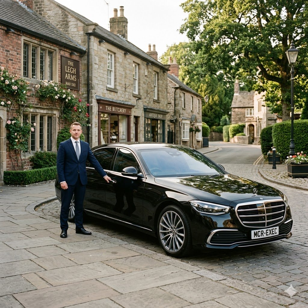 Black Mercedes S-Class by MCR EXEC in an affluent Prestbury Cheshire setting for Prestbury Chauffeur Service, with a professional chauffeur standing beside the vehicle in a refined village scene.