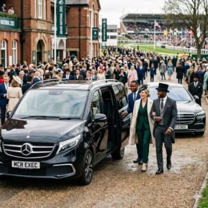 Return chauffeur from the Grand National with a professional chauffeur opening a luxury Mercedes V-Class door for racegoers outside Aintree Racecourse.