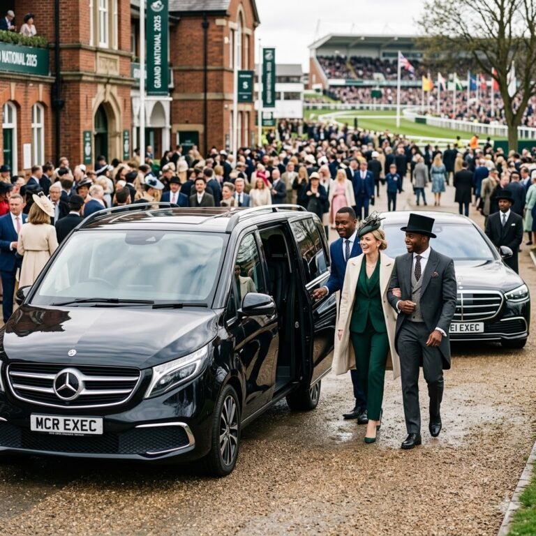 Return chauffeur from the Grand National with a professional chauffeur opening a luxury Mercedes V-Class door for racegoers outside Aintree Racecourse.