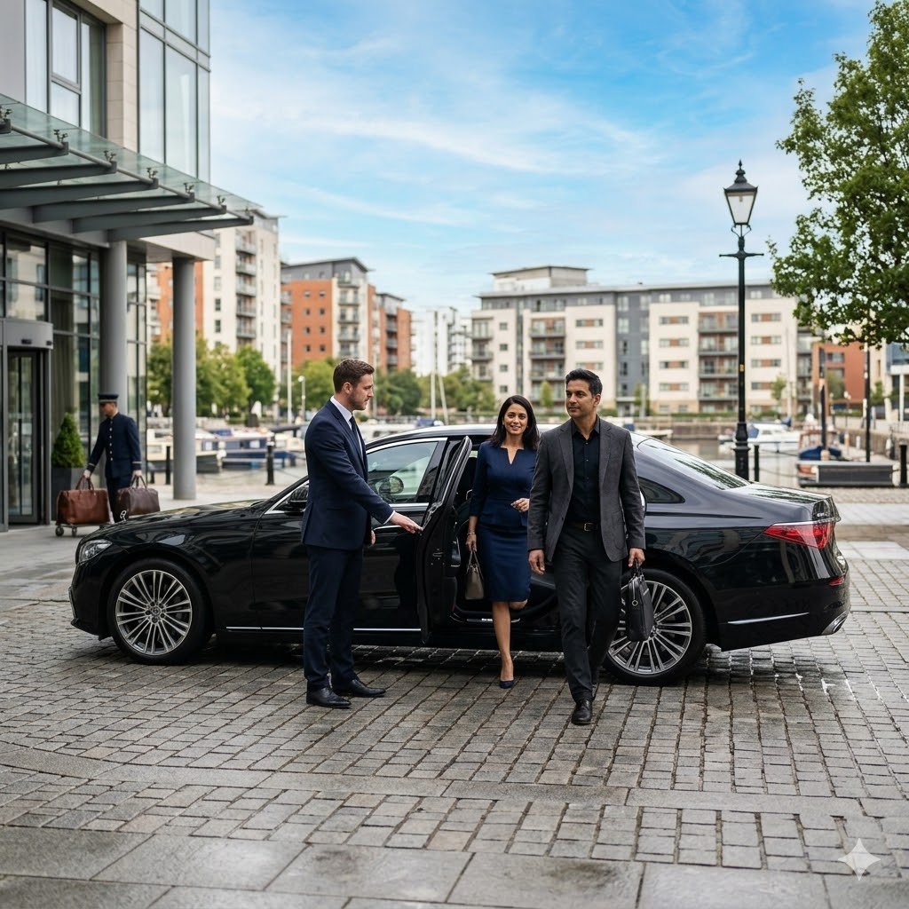 Mercedes S-Class arrival at Salford Quays for chauffeur service with couple disembarking by the waterfront