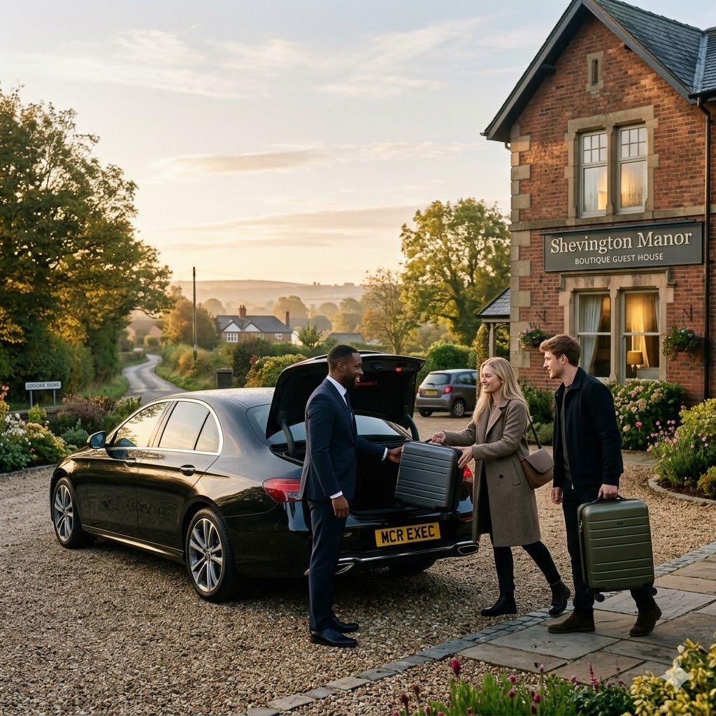 Mercedes E-Class chauffeur service in Shevington at sunrise with a couple handing over luggage outside a boutique guest house.