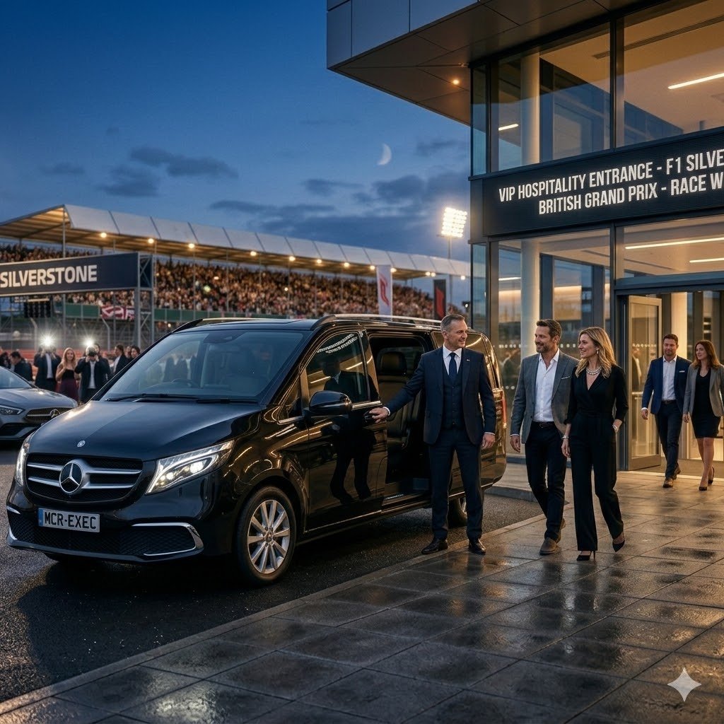 Sporting Event Chauffeur Service Mercedes V-Class black vehicle MCR-EXEC arriving at Silverstone Formula One event