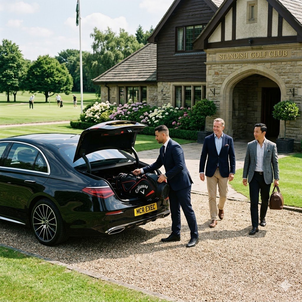 Luxury chauffeur service in Standish with an S-Class collecting golfers outside an upscale golf club