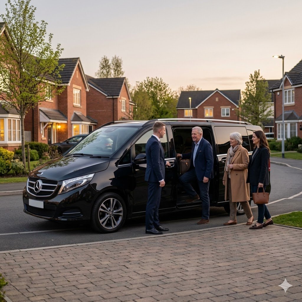 Mercedes V-Class pickup in Swinton with family preparing for chauffeur service and airport-style luggage transfer