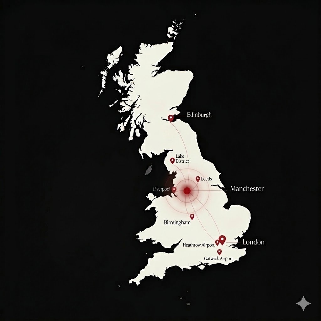 UK long distance chauffeur coverage map from Manchester showing routes to London Birmingham Leeds Edinburgh Heathrow Airport and Gatwick Airport for MCR EXEC