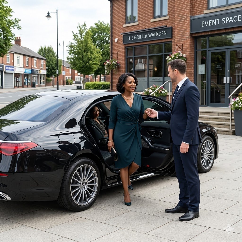 Mercedes S-Class drop-off in Walkden for chauffeur service with passenger stepping out at a venue