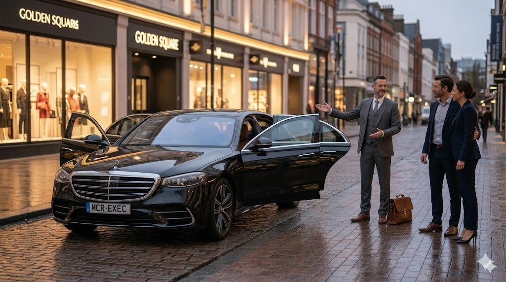 Mercedes V-Class by MCR EXEC outside a premium Warrington city centre location for Executive Transfers in Warrington 