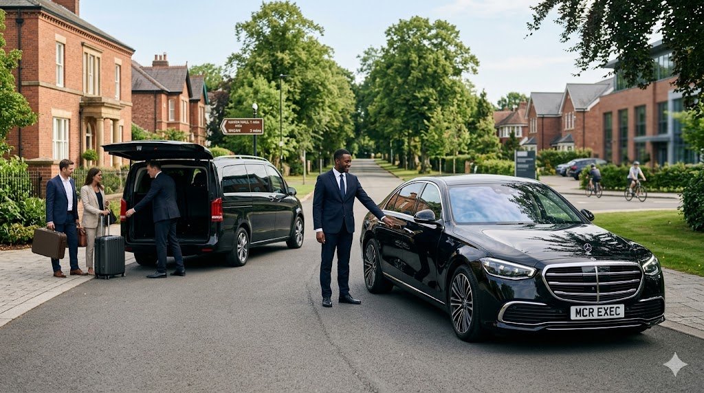 Luxury chauffeur service in Wigan borough with a Mercedes S-Class and Mercedes V-Class assisting business and private passengers in a premium 2025 hero image.