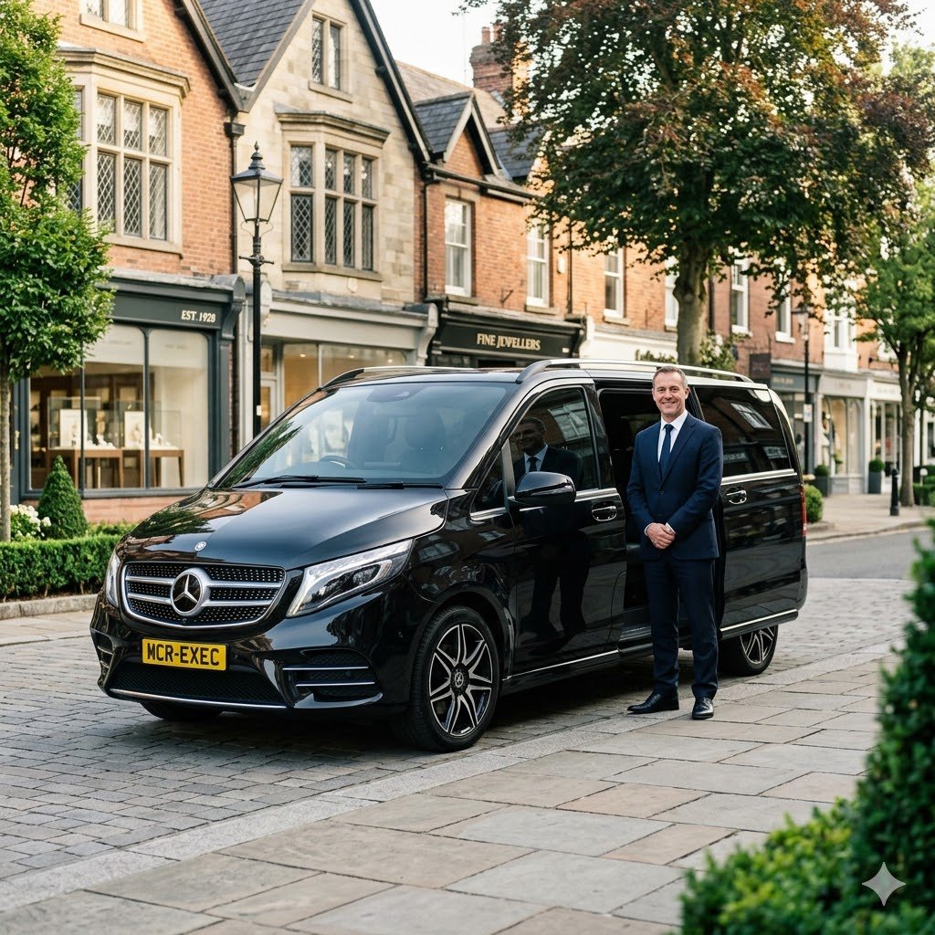 Black Mercedes V-Class by MCR EXEC in an upscale Wilmslow Cheshire setting for Wilmslow Chauffeur Service, with a professional chauffeur standing beside the vehicle in a refined executive location.