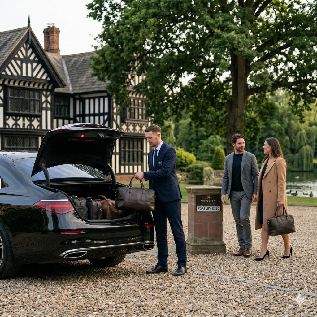 A 1:1 candid, ultra-realistic square photograph capturing a Worsley luxury chauffeur arrival. In soft early-evening light, a professional driver is gently placing a set of high-end travel suitcases into the open trunk of a black Mercedes-Benz S-Class sedan. The vehicle is parked on a refined gravel driveway in front of the ornate, red-brick facade of a historic Worsley Old Hall (now visible and detailed). The client, a woman viewed through the passenger window, is already seated inside, organizing documents for her meeting. The texture of the gravel and the depth of the evening shadows create a sophisticated, exclusive atmosphere.