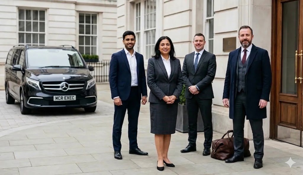 The MCR EXEC team standing outside a premium location with a Mercedes V-Class bearing the MCR-EXEC number plate — representing the professional chauffeur service behind every booking.