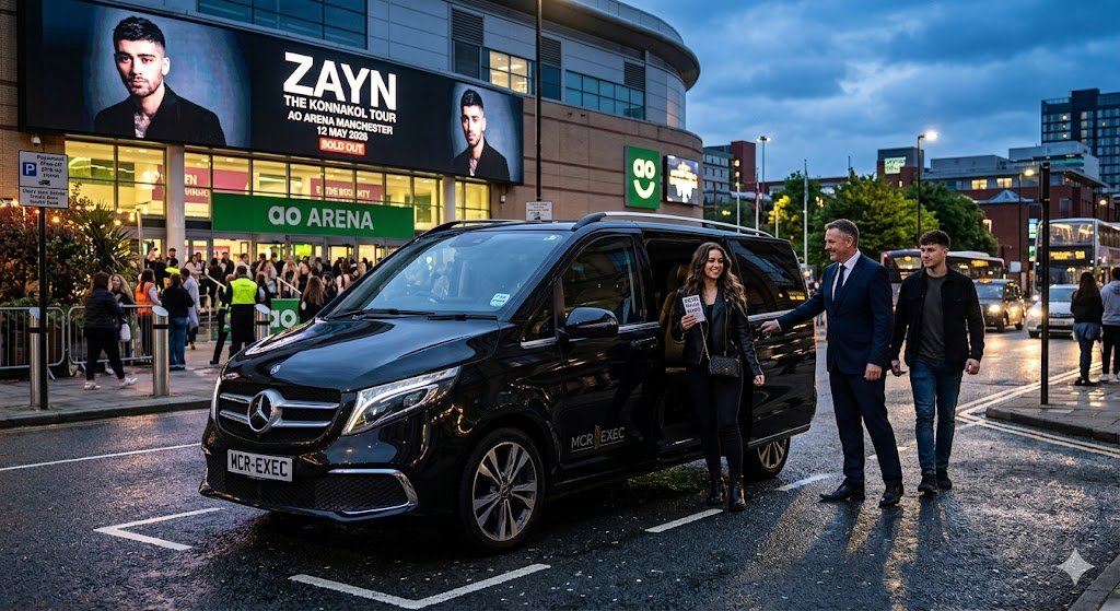 ZAYN Konzert-Chauffeurservice in Manchester von MCR EXEC mit einer schwarzen Mercedes V-Klasse und professionellem Chauffeur, der die Gäste vor der AO Arena abholt.