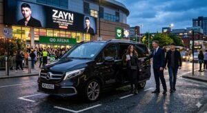 ZAYN Concert Chauffeur Manchester service by MCR EXEC with a black Mercedes V-Class and professional chauffeur collecting guests outside AO Arena