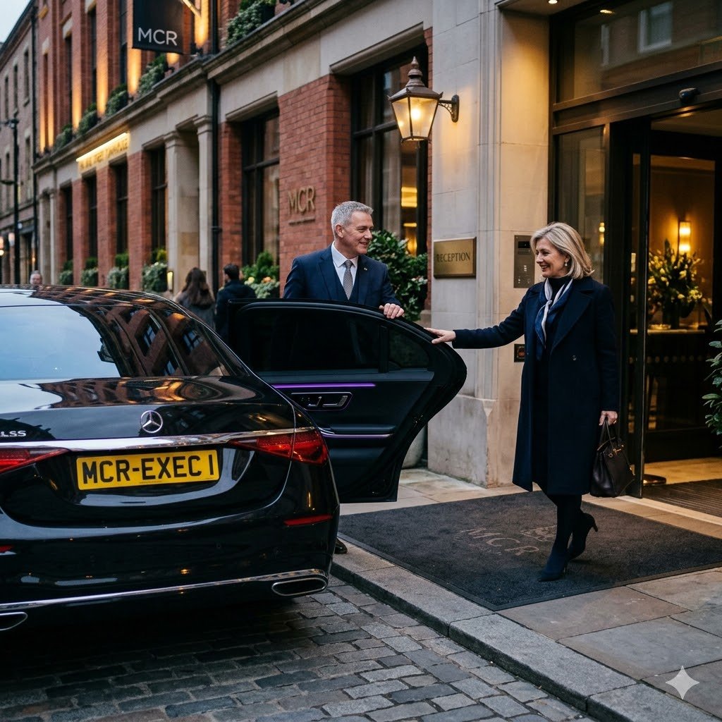 Mercedes S-Class chauffeur supporting concierge clients at a Manchester hotel