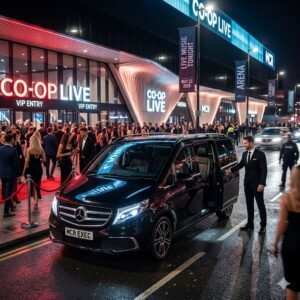 Black Mercedes V-Class chauffeur vehicle by MCR EXEC outside a concert venue in Manchester for Doja Cat Co-op Live Manchester chauffeur service