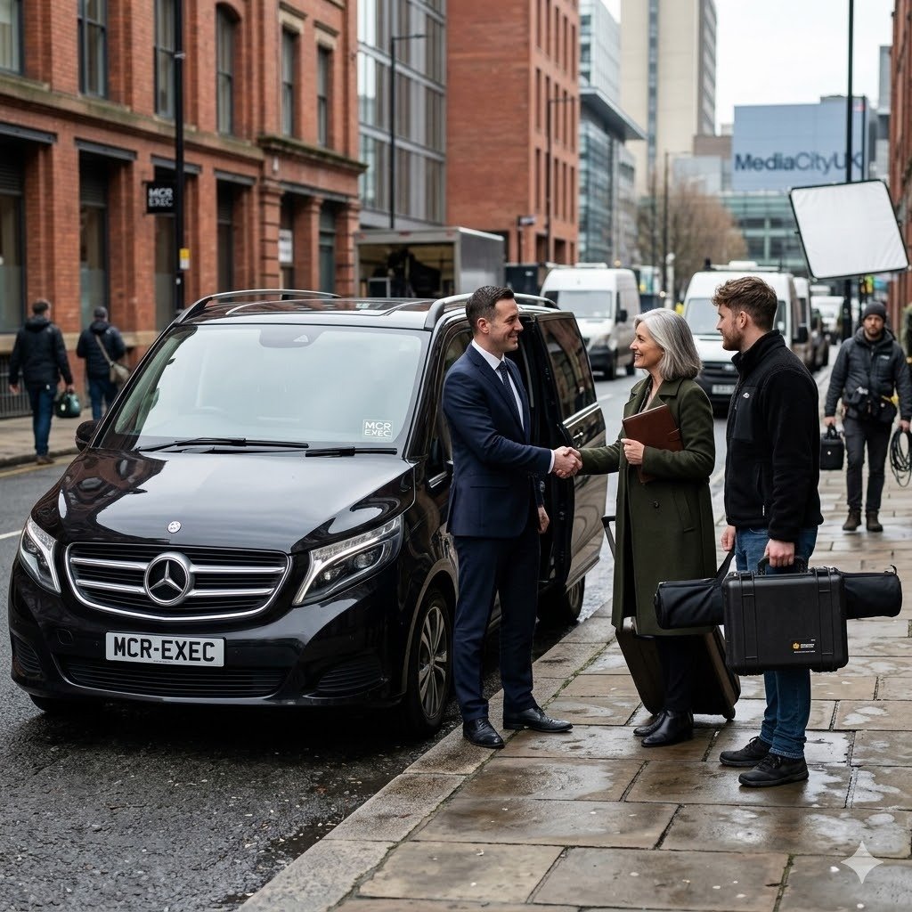 MCR EXEC chauffeur support for film and television production transport in Manchester.