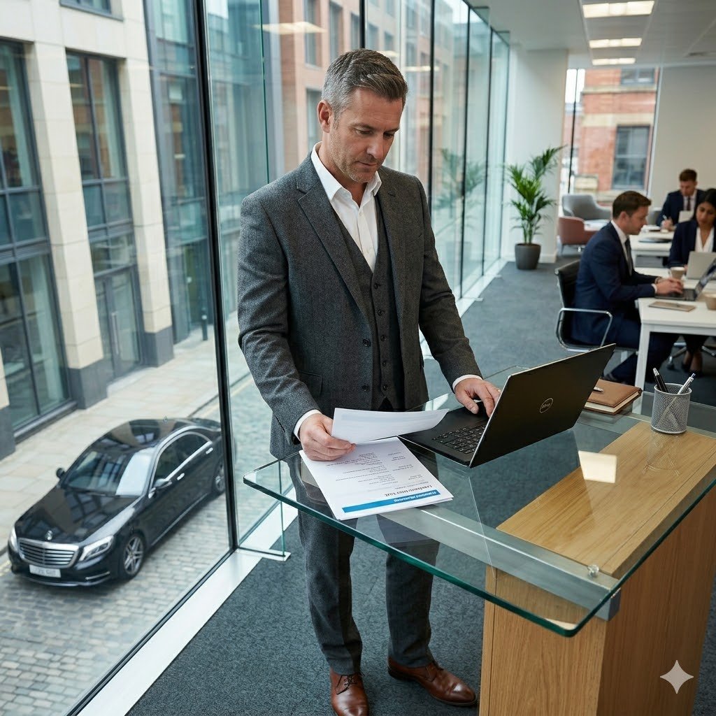 Corporate travel manager reviewing executive transport options for a Manchester-based organisation.