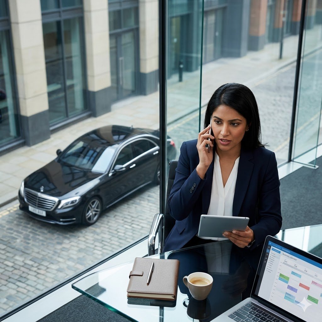 Executive assistant coordinating corporate chauffeur bookings for a senior director at a Manchester office.