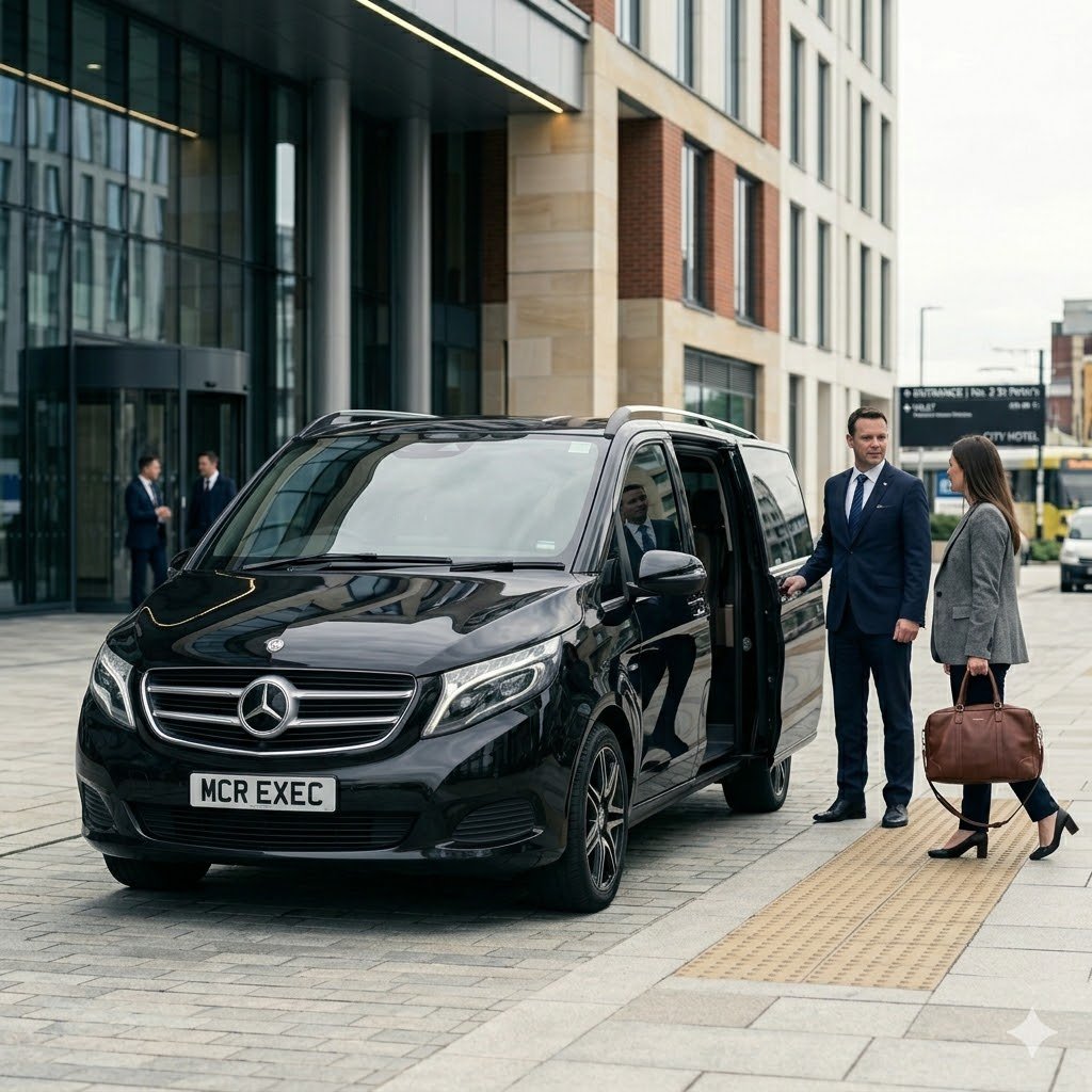 MCR EXEC Mercedes V-Class chauffeur vehicle in Manchester preparing for a Private Airport Transfer to Heathrow Airport.