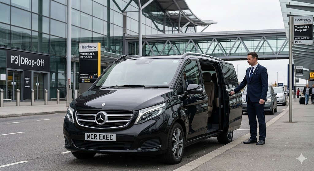 Black Mercedes V-Class with MCR EXEC chauffeur arriving at Heathrow Airport on an executive transfer from Manchester.