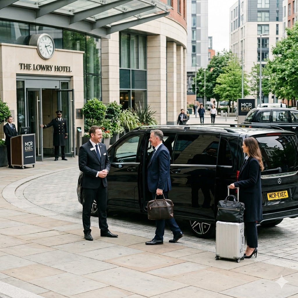 MCR EXEC Mercedes V-Class greeting business travellers outside a premium Manchester hotel for partnership and trade account chauffeur support