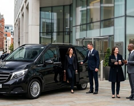 Partnerships and trade accounts chauffeur service by MCR EXEC with Mercedes V-Class outside a premium Manchester business venue