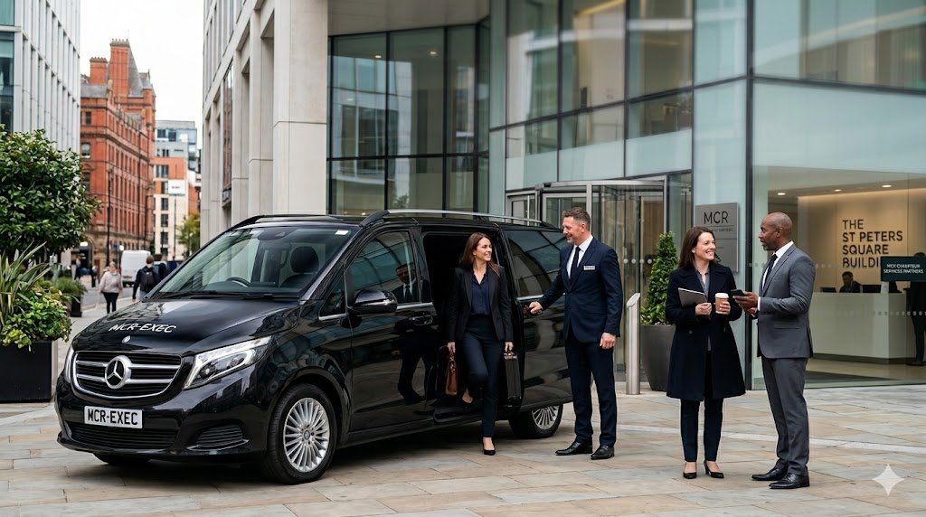 Partnerships and trade accounts chauffeur service by MCR EXEC with Mercedes V-Class outside a premium Manchester business venue