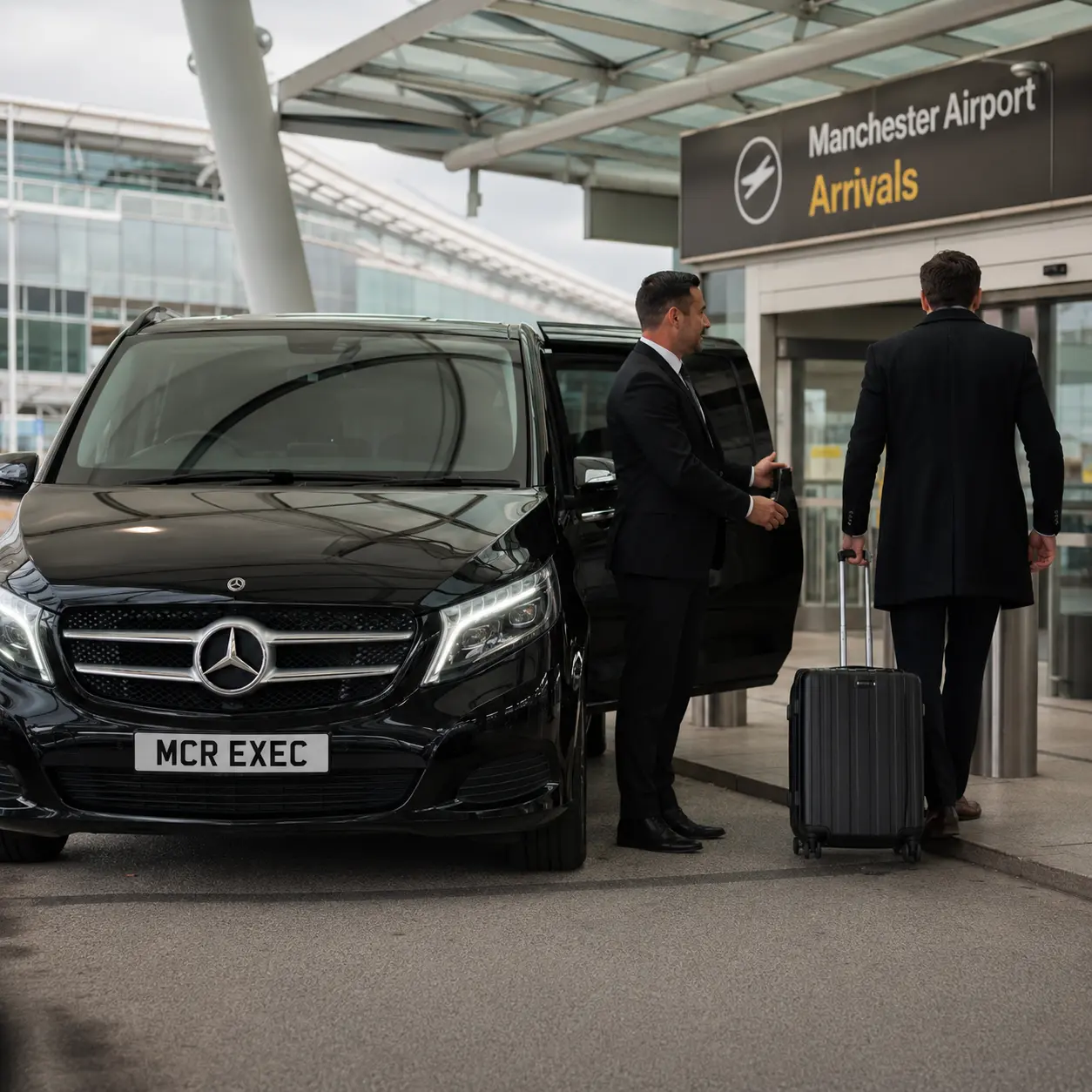 Full-Day Chauffeur Hire Manchester airport arrival with a black Mercedes V-Class by MCR EXEC providing retained onward day coverage