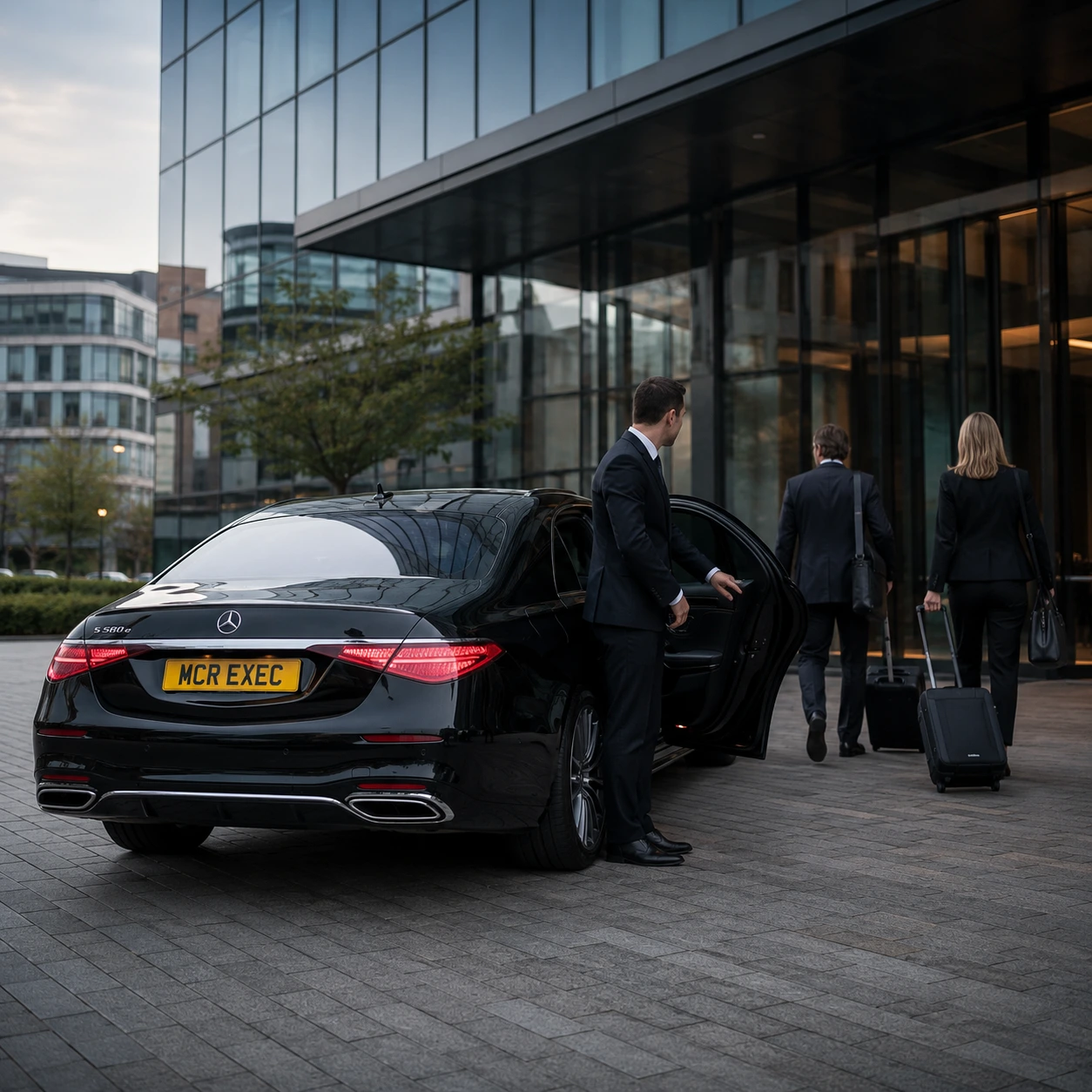 Long Distance Chauffeur Service Manchester for business roadshows with a black Mercedes S-Class by MCR EXEC outside a corporate office