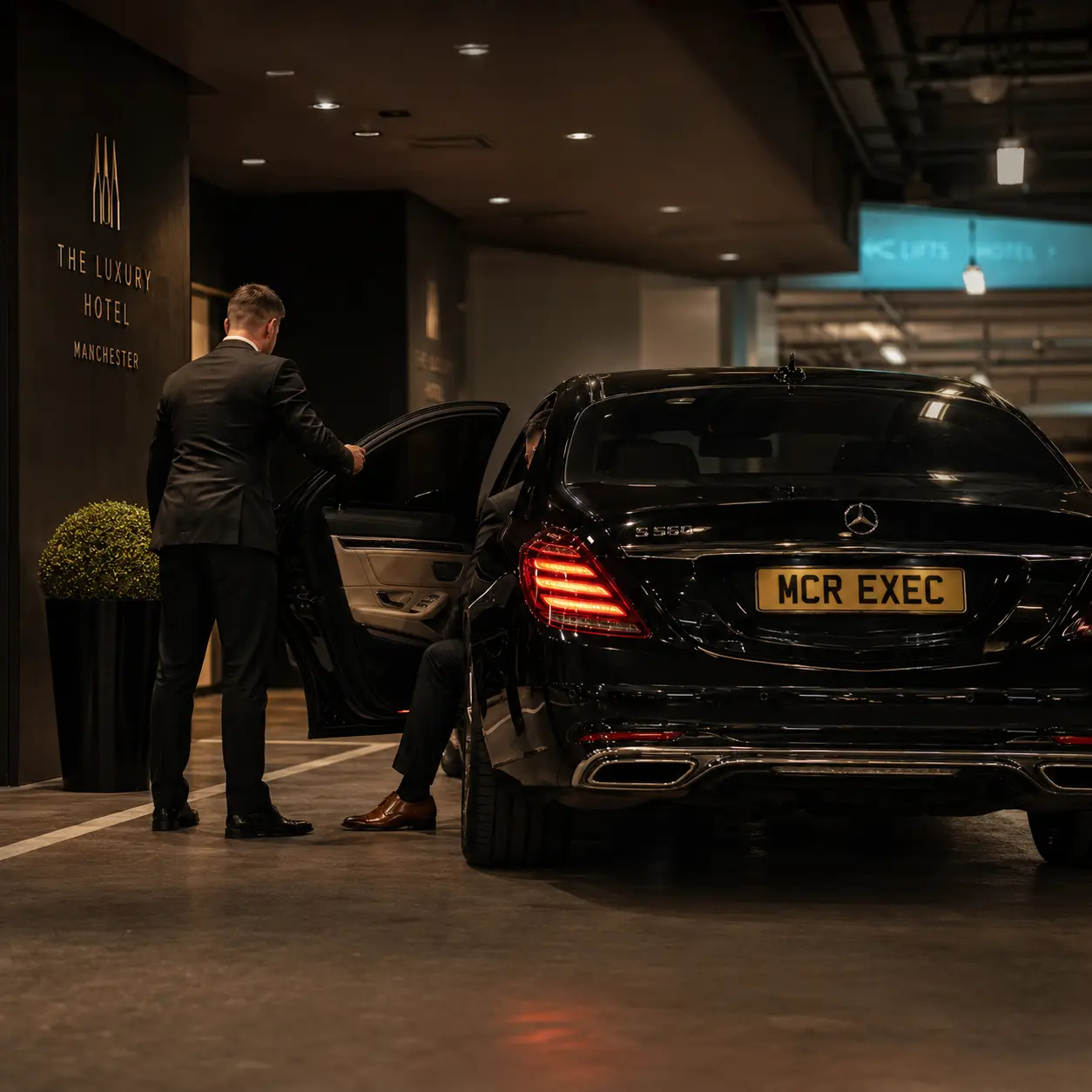 Discreet Mercedes S-Class chauffeur transport for casting directors and talent representatives at a Manchester hotel car park with MCR EXEC