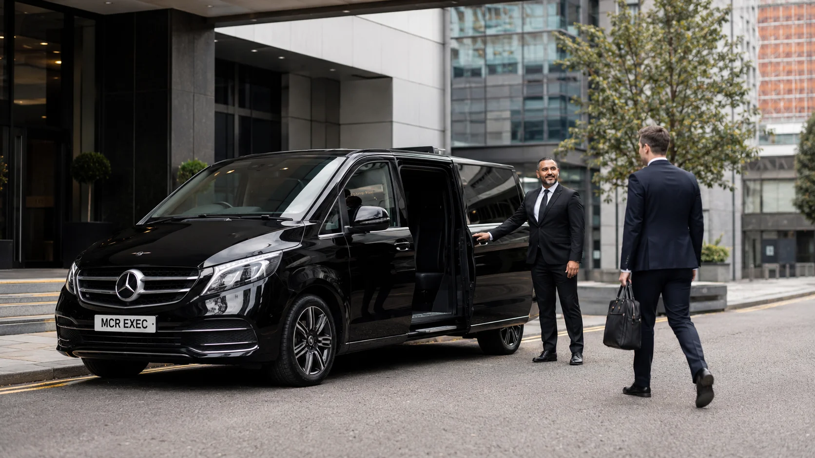 How to choose a corporate chauffeur company UK guide showing a latest 2025 black Mercedes V-Class with MCR EXEC number plate outside a Manchester business hotel, with a professional chauffeur assisting an executive passenger.