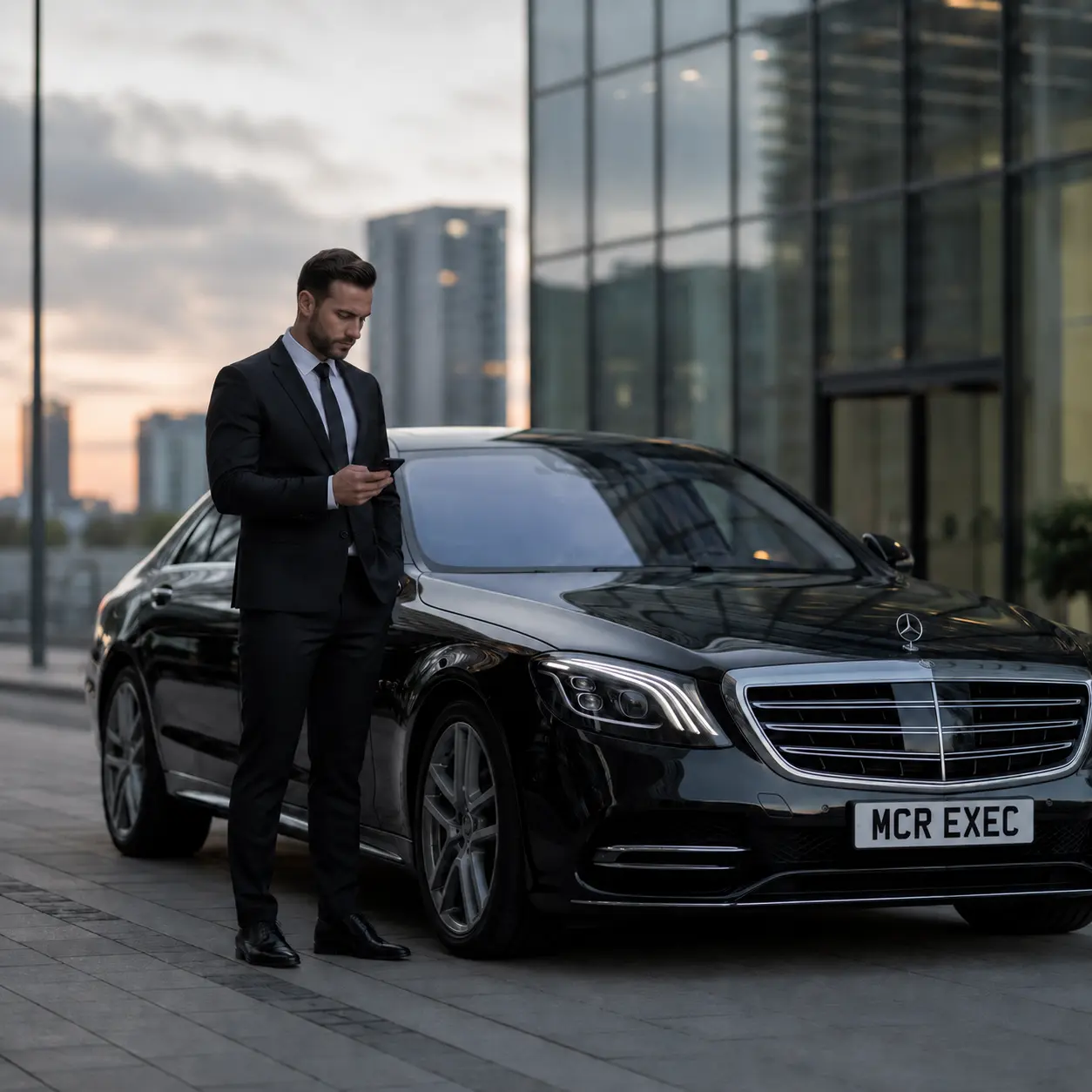 Mercedes S-Class corporate chauffeur at a Manchester media building