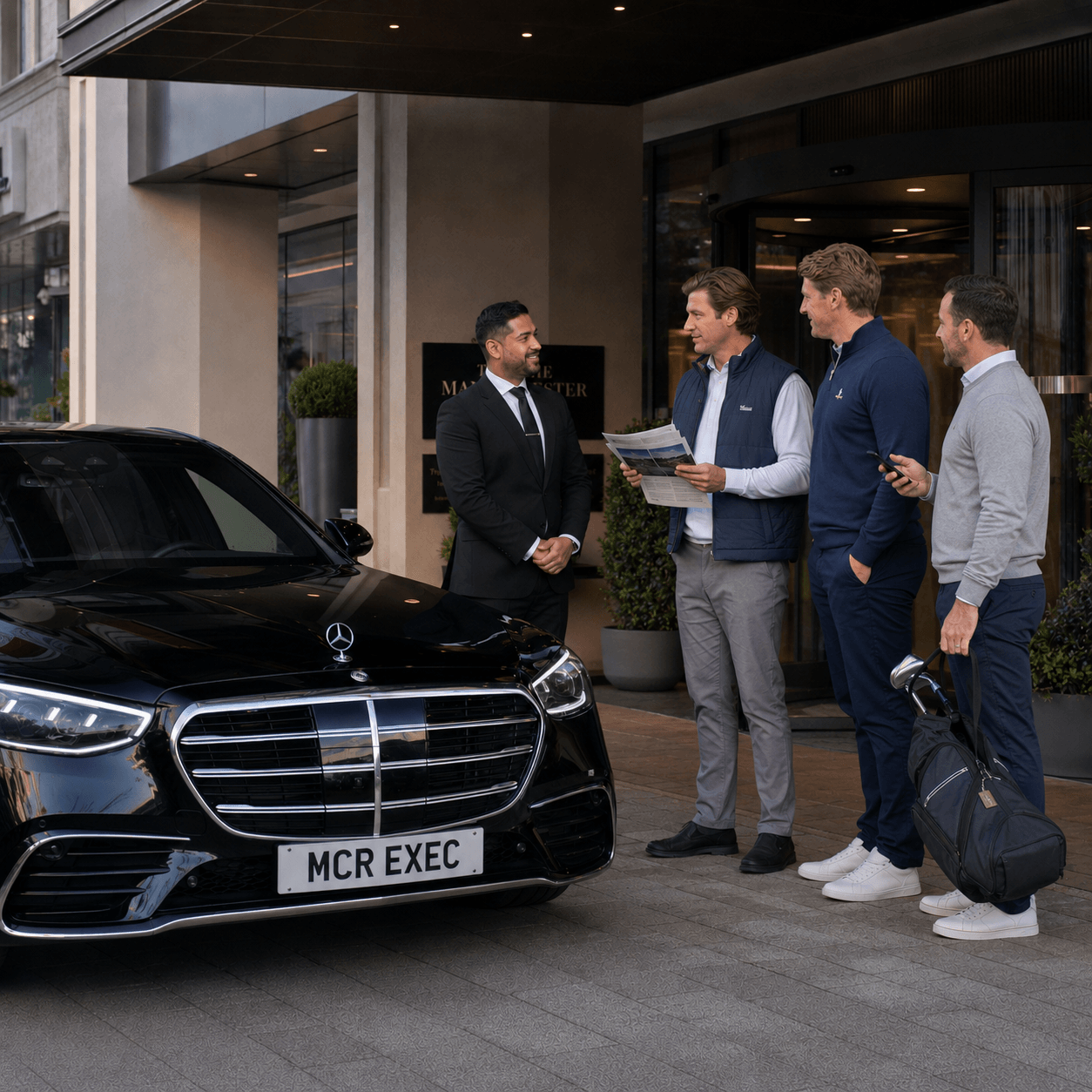 Corporate golf event transport to Royal Birkdale with a black 2025 Mercedes S-Class by MCR EXEC collecting VIP guests from a premium hotel.