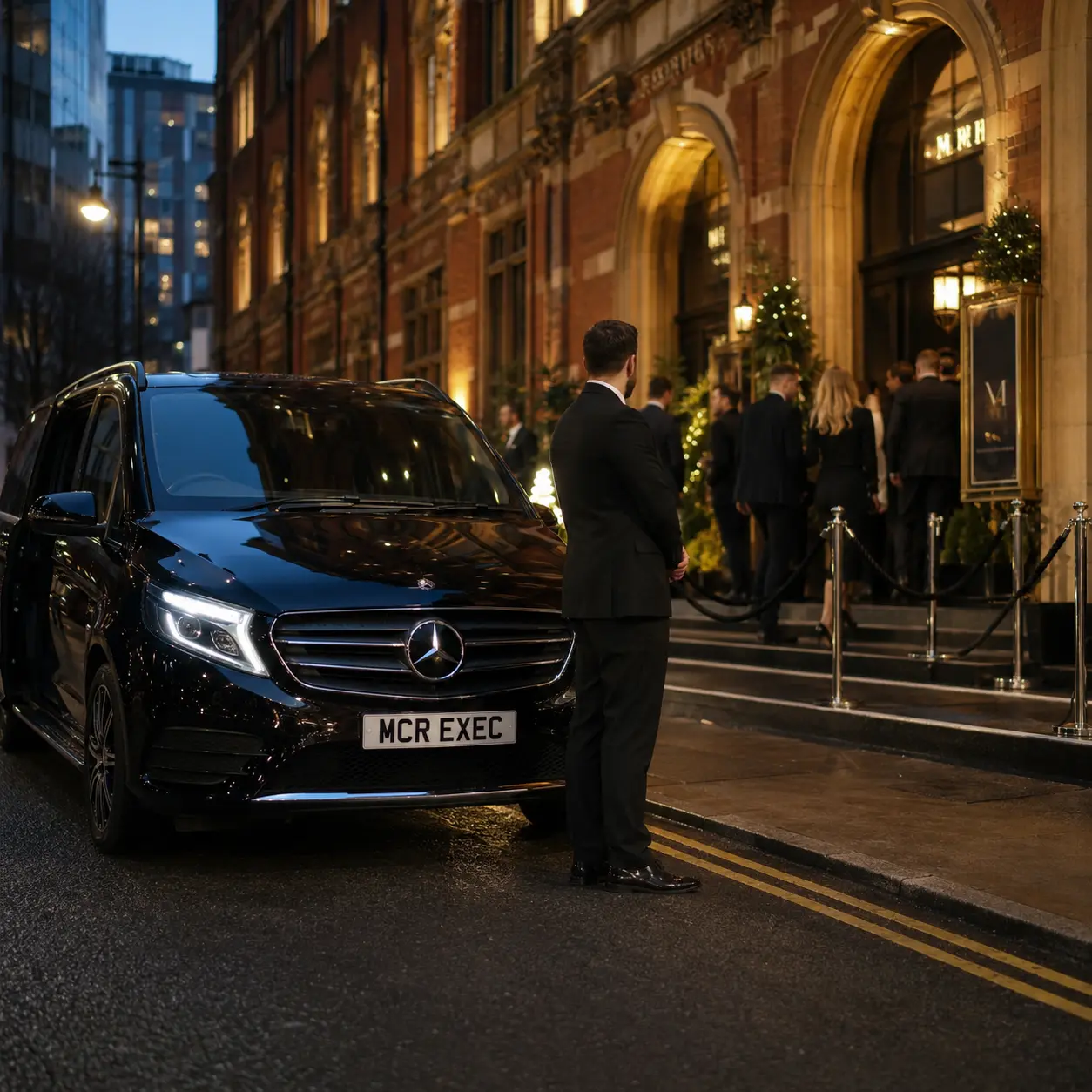 Event chauffeur service with a black Mercedes vehicle and evening hospitality setting