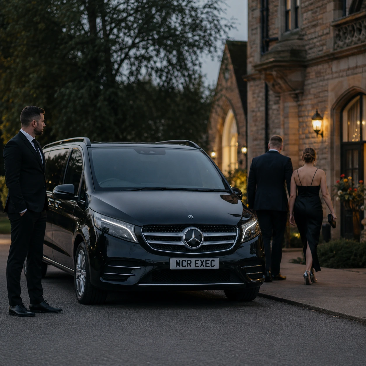 Long Distance Chauffeur Service Manchester for event and hospitality travel with a black Mercedes V-Class by MCR EXEC