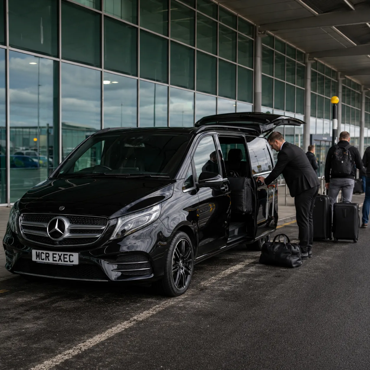 Football Chauffeur Transfers with a black Mercedes-Benz V-Class by MCR EXEC collecting passengers from Manchester Airport for stadium matchday travel