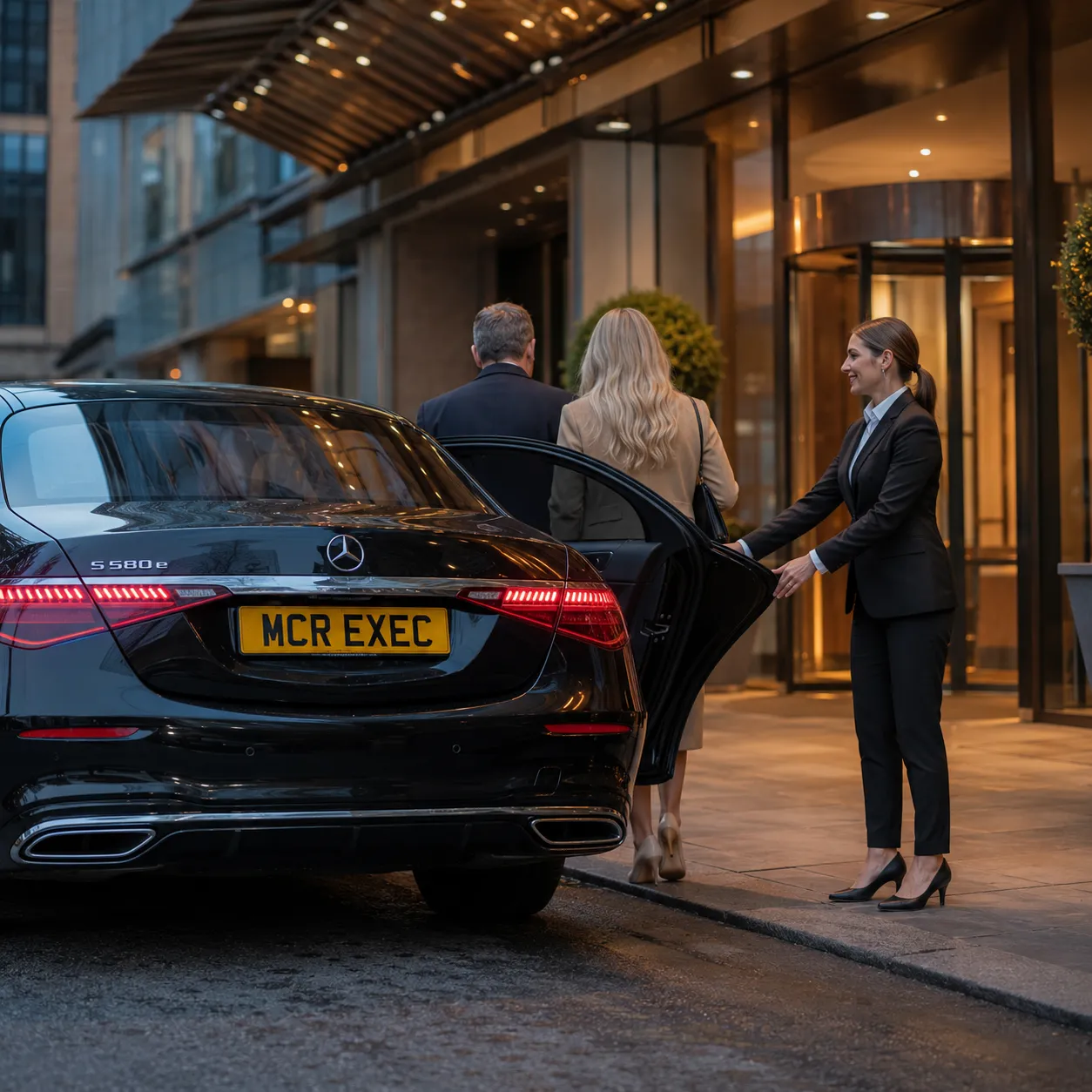Football Hospitality Chauffeur Service with a black Mercedes-Benz S-Class by MCR EXEC collecting corporate guests from a Manchester hotel before a match