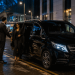 Fury vs Hall AO Arena chauffeur service by MCR EXEC with a black Mercedes V-Class outside AO Arena Manchester on fight night, chauffeur opening the passenger door for VIP guests attending the Tommy Fury vs Eddie Hall event.