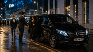 Fury vs Hall AO Arena chauffeur service by MCR EXEC with a black Mercedes V-Class outside AO Arena Manchester on fight night, chauffeur opening the passenger door for VIP guests attending the Tommy Fury vs Eddie Hall event.