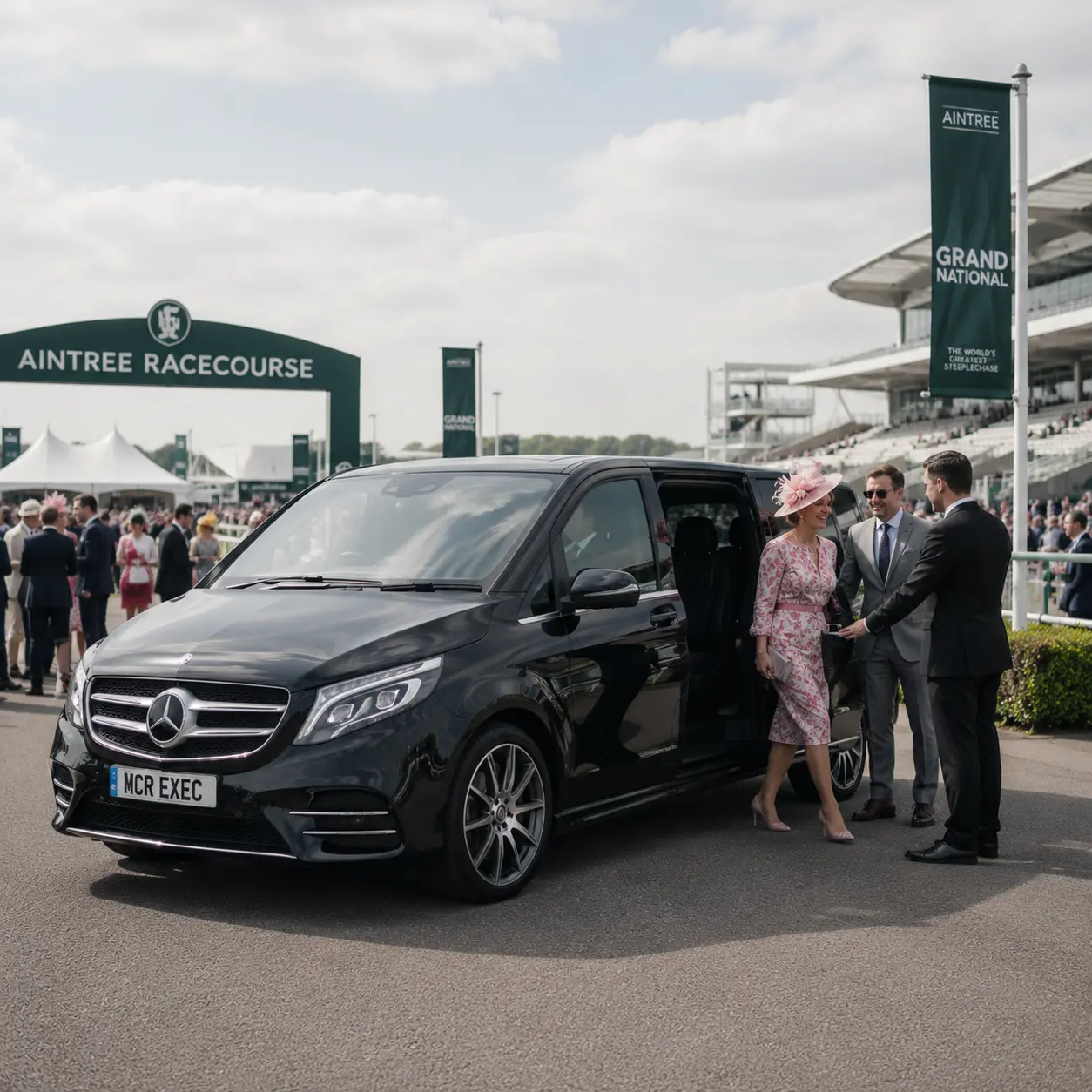 Grand National Chauffeur Service with MCR EXEC Mercedes V-Class for Aintree Racecourse travel from Manchester Liverpool and the North West