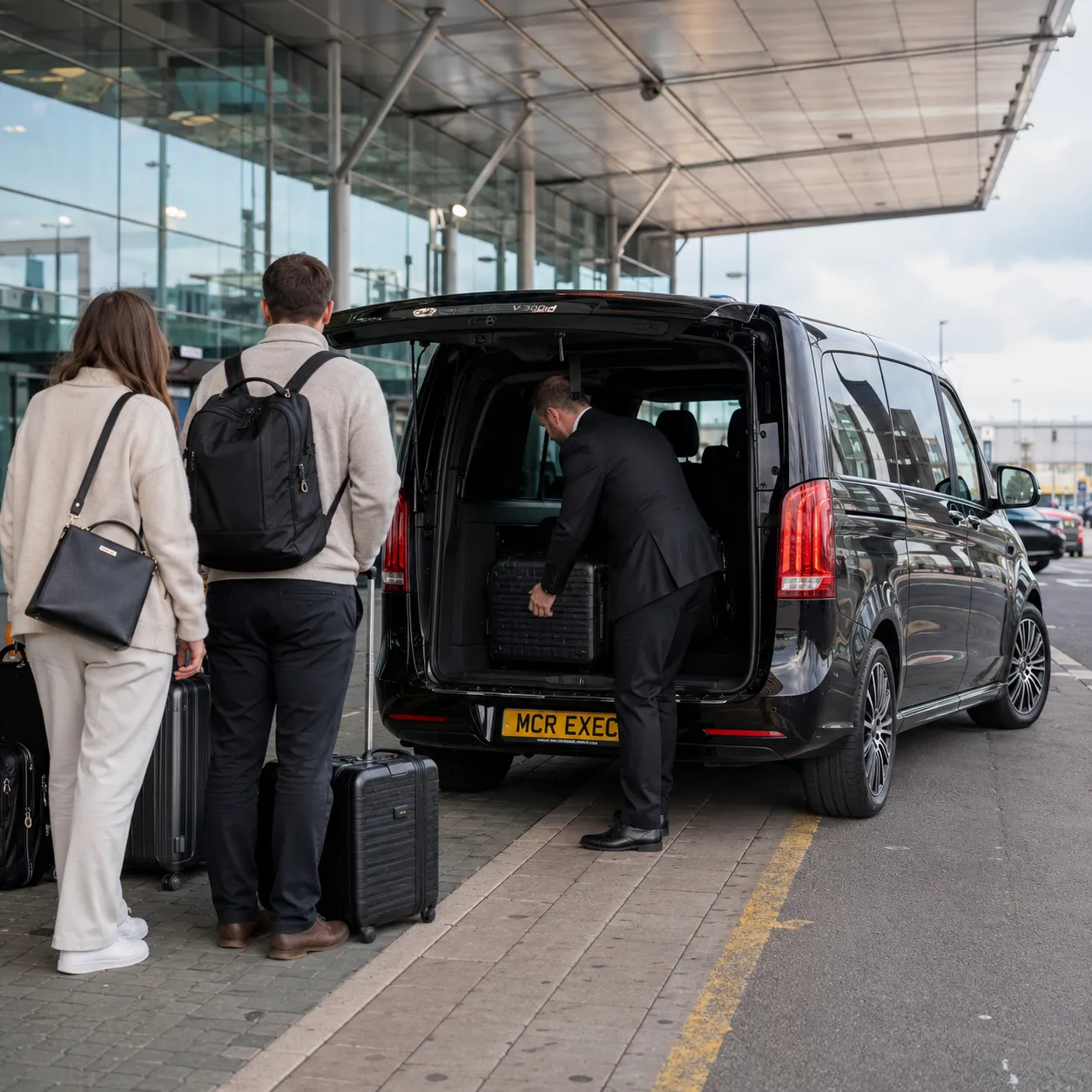 Half-Day Chauffeur Service Manchester with black Mercedes-Benz V-Class by MCR EXEC at a Manchester Airport-style terminal for airport arrival and onward retained travel
