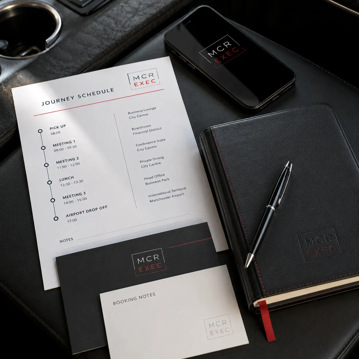 Half-Day Chauffeur Service Manchester planning scene with MCR EXEC itinerary notes, booking details and executive travel schedule for retained chauffeur hire